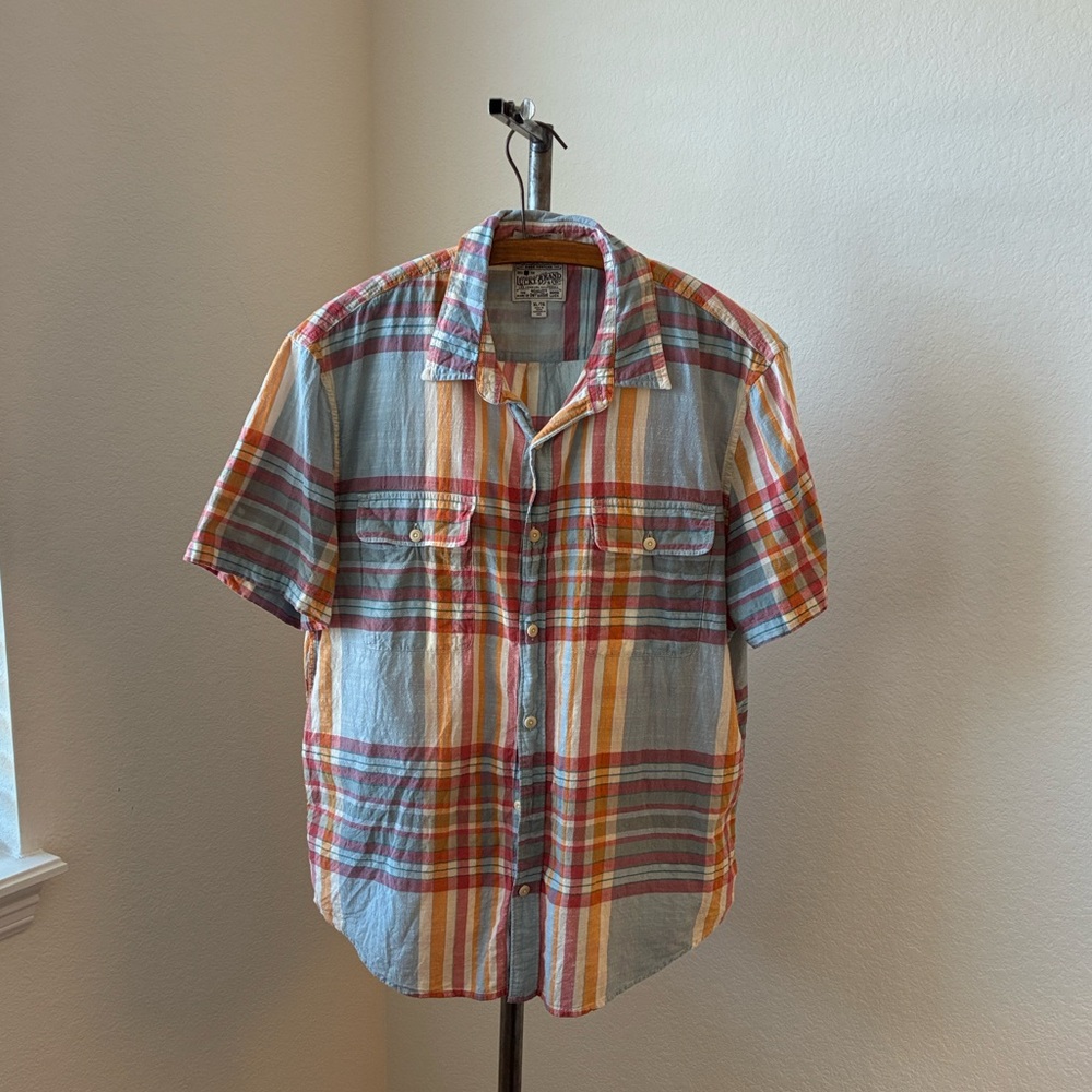 Lucky Brand Mens XL plaid short sleeve button down 100% cotton EUC
